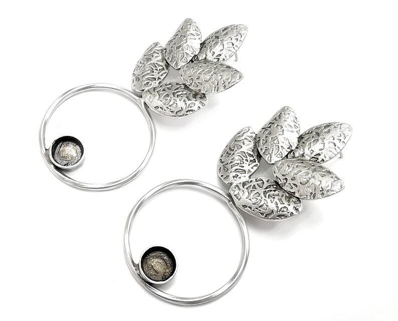 Leaf Silver Dangle Earring Set Base Wire Antique Silver Plated Brass Earring Base (67x32mm)( 8 mm blanks) G26978