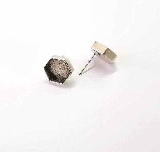 Hexagon Silver Earring Set Base Wire Antique Silver Plated Brass Earring Base (10mm blank) G26990