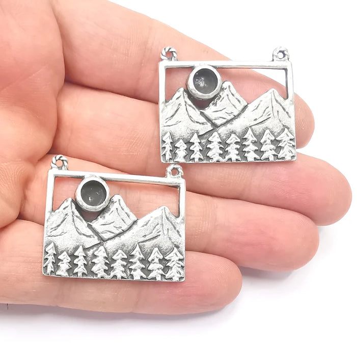 Landscape Pendant Mountain Forest Pine Tree Blank Resin Bezel Mounting Cabochon Base Setting Antique Silver Plated Charms (6mm Blank) G26728