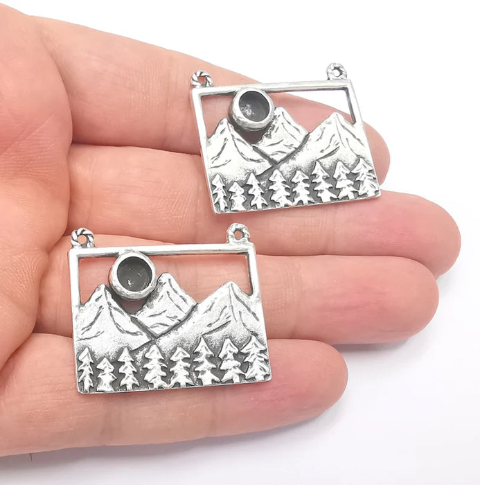 Landscape Pendant Mountain Forest Pine Tree Blank Resin Bezel Mounting Cabochon Base Setting Antique Silver Plated Charms (6mm Blank) G26728