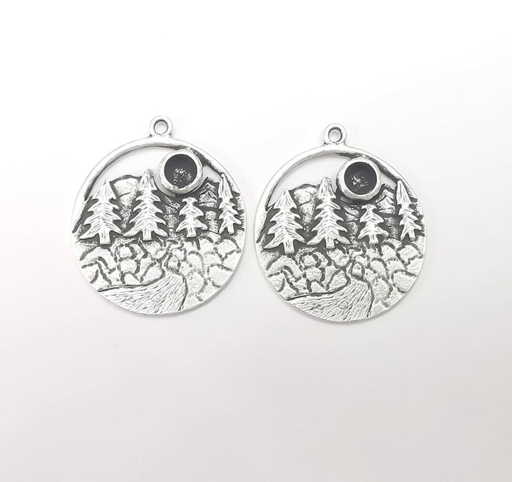 Landscape Pendant River Mountain Forest Pine Tree Blank Resin Bezel Mounting Base Setting Antique Silver Plated Charms (6mm Blank) G26732