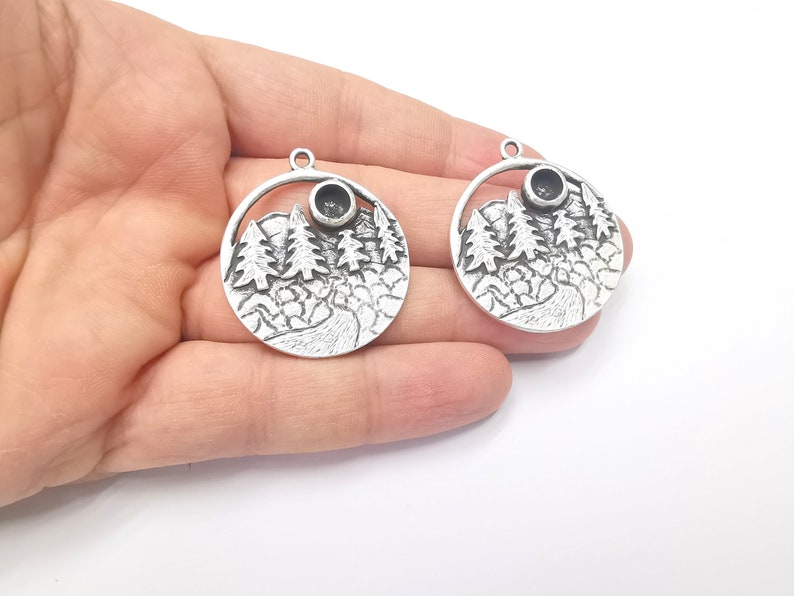 Landscape Pendant River Mountain Forest Pine Tree Blank Resin Bezel Mounting Base Setting Antique Silver Plated Charms (6mm Blank) G26732