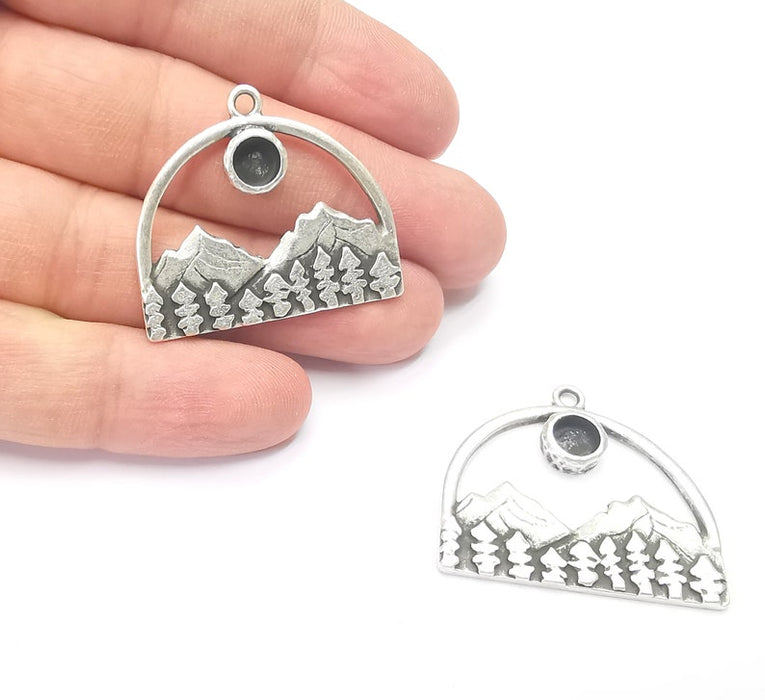 Landscape Pendant Mountain Forest Pine Tree Blank Resin Bezel Mounting Cabochon Base Setting Antique Silver Plated Charms (6mm Blank) G26733