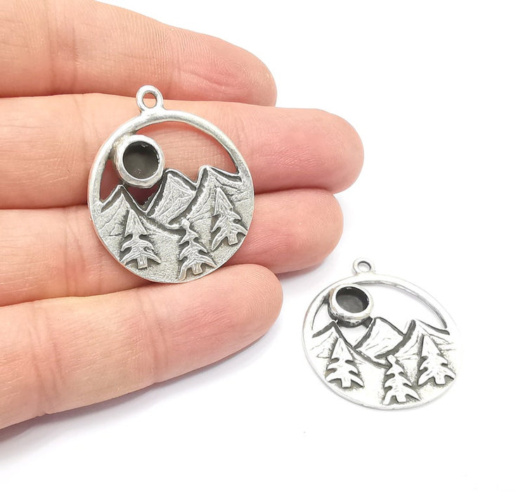 Mountain Landscape Forest Pine Tree Pendant Blank Resin Bezel Mounting Cabochon Base Setting Antique Silver Plated Charms (6mm Blank) G26746