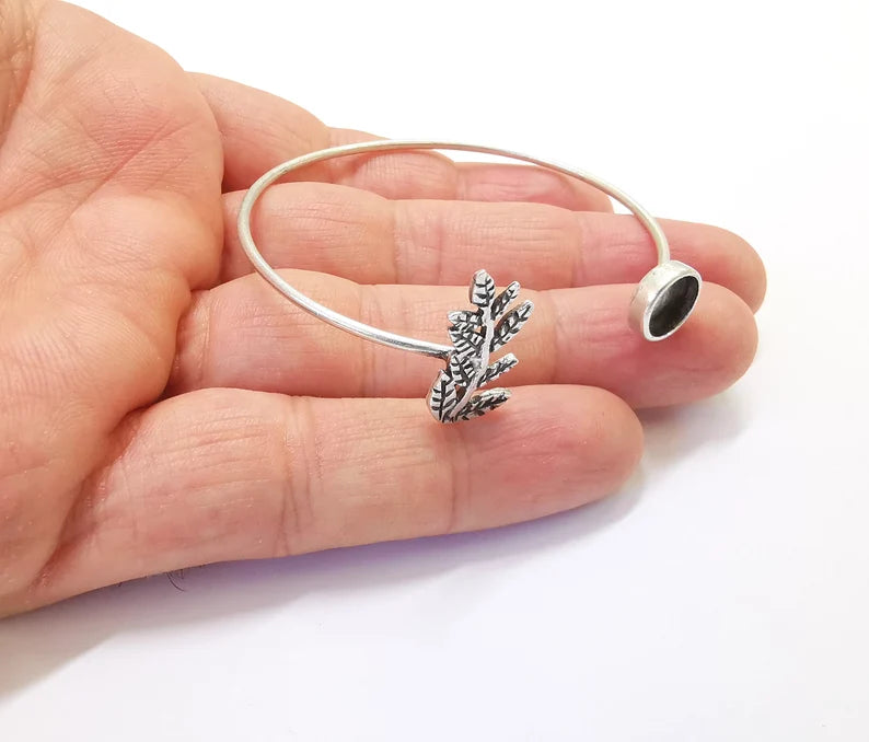 Bamboo Leafs Bracelet Blank Cuff Bezel Cabochon Base Resin Mountings Adjustable Antique Silver Plated Brass (8mm Blanks) G26996