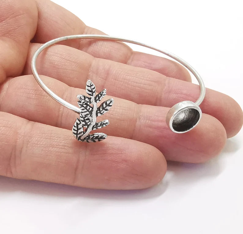 Bamboo Leafs Bracelet Blank Cuff Bezel Cabochon Base Resin Mountings Adjustable Antique Silver Plated Brass (8mm Blanks) G26996