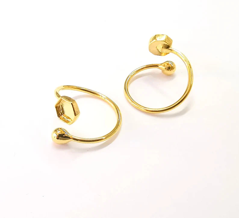 Ball Head Hexagonal Shiny Gold Ring Bezels Settings Resin Backs Cabochon Mounting Gold Plated Brass Adjustable Ring Base (6mm blank) G27000
