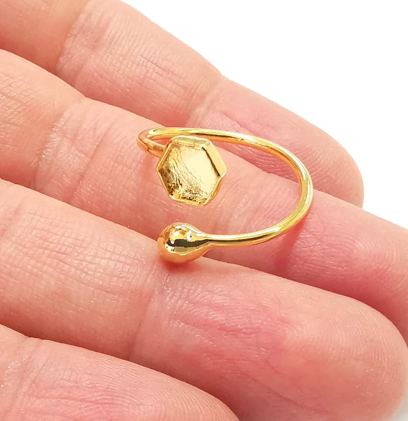 Ball Head Hexagonal Shiny Gold Ring Bezels Settings Resin Backs Cabochon Mounting Gold Plated Brass Adjustable Ring Base (6mm blank) G27000