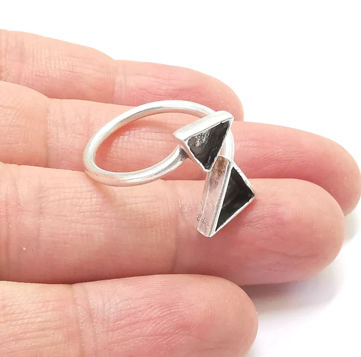 Triangle Silver Ring Setting Blank Cabochon Mounting Adjustable Ring Base Bezel Antique Silver Plated Brass ( 8mm - 6mm Blanks ) G27001