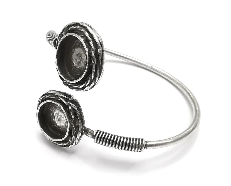 Coil Silver Bracelet Brass Cuff Blank Bezel Glass Cabochon Base Adjustable Antique Silver Plated Brass (13 mm blanks) G26304