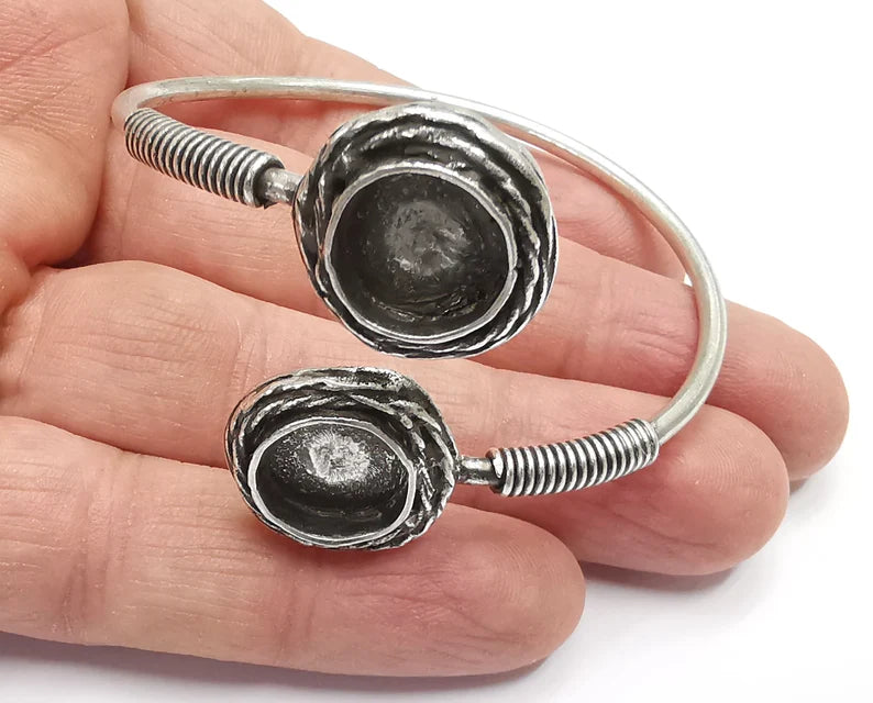 Coil Silver Bracelet Brass Cuff Blank Bezel Glass Cabochon Base Adjustable Antique Silver Plated Brass (13 mm blanks) G26304