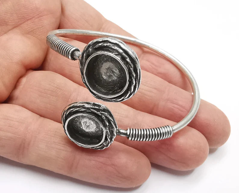 Coil Silver Bracelet Brass Cuff Blank Bezel Glass Cabochon Base Adjustable Antique Silver Plated Brass (13 mm blanks) G26304