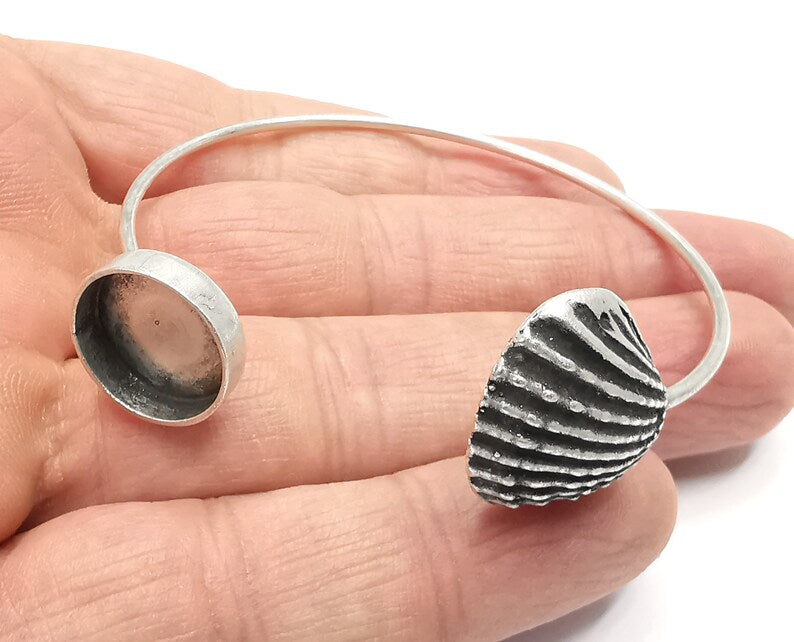 Scallop Sea Shell Silver Bracelet Brass Cuff Blank Bezel Glass Cabochon Base Adjustable Antique Silver Brass (14mm blank) G27007