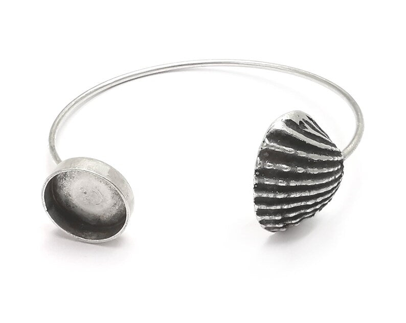 Scallop Sea Shell Silver Bracelet Brass Cuff Blank Bezel Glass Cabochon Base Adjustable Antique Silver Brass (14mm blank) G27007