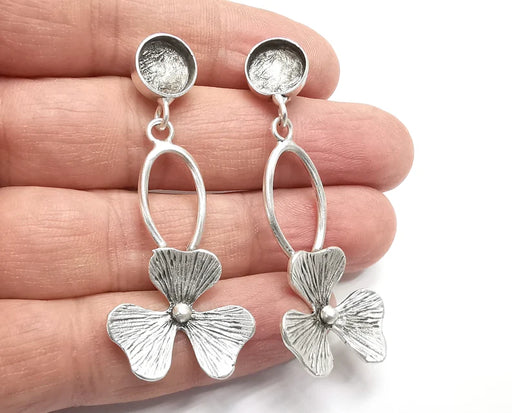 Flower Dangle Round Silver Earring Set Base Wire Antique Silver Plated Brass Earring Base (10mm blank) G27008
