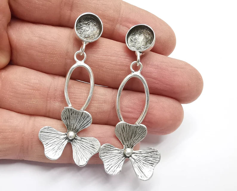 Flower Dangle Round Silver Earring Set Base Wire Antique Silver Plated Brass Earring Base (10mm blank) G27008