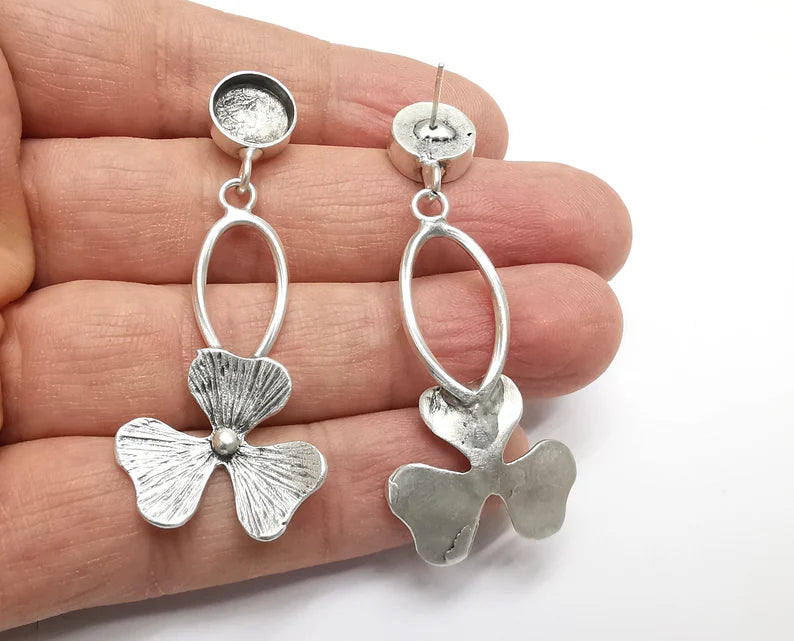 Flower Dangle Round Silver Earring Set Base Wire Antique Silver Plated Brass Earring Base (10mm blank) G27008