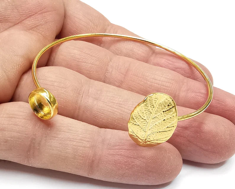 Veined Leaf Bracelet Base Blanks Cuff Blanks Adjustable Bracelet Shiny Gold Plated Brass (8mm Blank) G27011