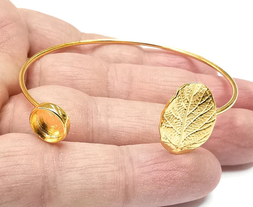 Veined Leaf Bracelet Base Blanks Cuff Blanks Adjustable Bracelet Shiny Gold Plated Brass (8mm Blank) G27011
