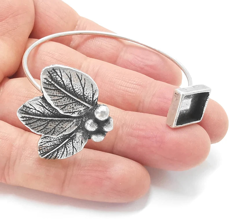 Silver Square Leafs Bracelet Blank Resin Cuff Dry Bezel Cabochon Base Adjustable Antique Silver Plated Brass (11mm Blanks) G27012