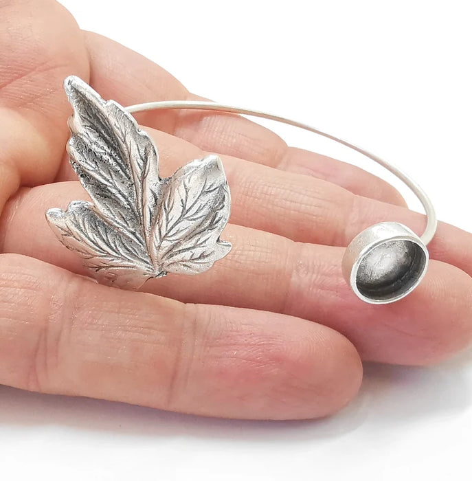 Leaf Bracelet Brass Cuff Blank Bezel Glass Cabochon Base Adjustable Antique Silver Plated Brass (10mm Blank ) G27015