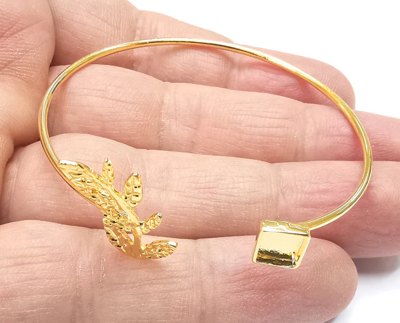 Leaf Branch Bracelet Base Blanks Cuff Blanks Adjustable Bracelet Shiny Gold Plated Brass (6mm Blank) G27016
