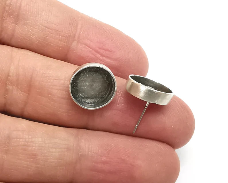 Round Silver Earring Set Base Wire Antique Silver Plated Brass Earring Base (12mm blank) G27017