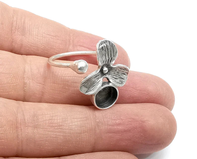 Flower Ball Head Silver Ring Setting Blank Cabochon Mounting Adjustable Ring Base Bezel Antique Silver Plated Brass (8 Blank) G27018