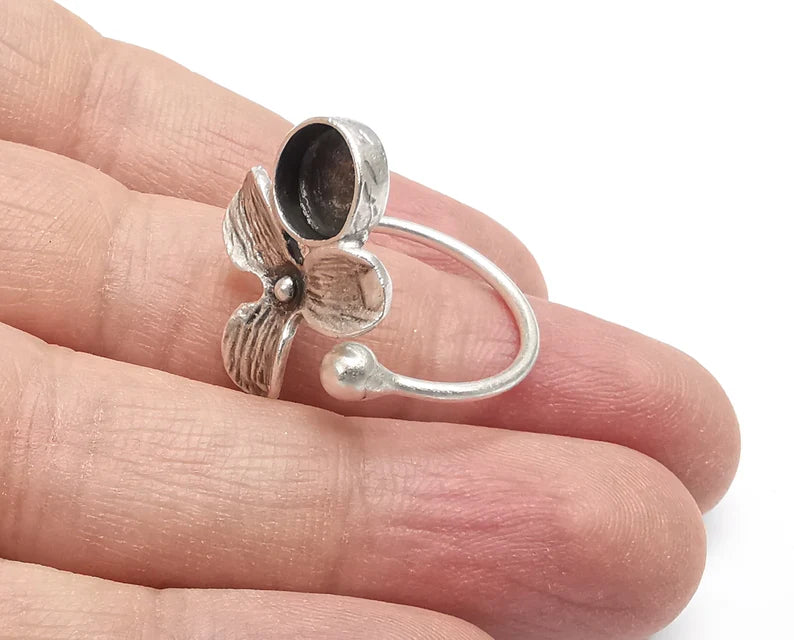 Flower Ball Head Silver Ring Setting Blank Cabochon Mounting Adjustable Ring Base Bezel Antique Silver Plated Brass (8 Blank) G27018