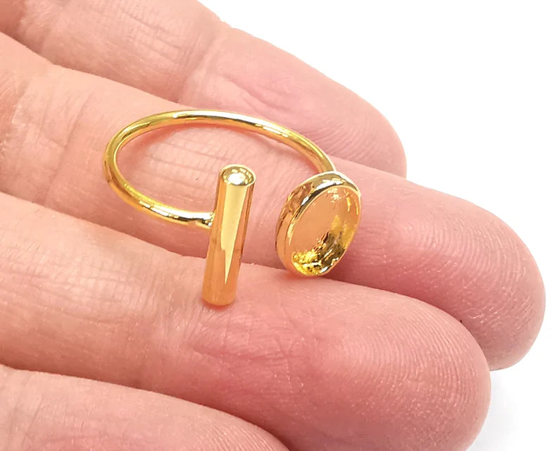 Rod Oval Shiny Gold Ring Bezels Settings Resin Backs Cabochon Mounting Gold Plated Brass Adjustable Ring Base (9x6mm blank) G27021