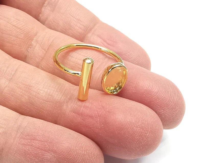 Rod Oval Shiny Gold Ring Bezels Settings Resin Backs Cabochon Mounting Gold Plated Brass Adjustable Ring Base (9x6mm blank) G27021