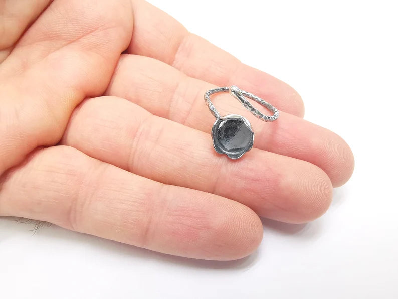 Sterling Silver Ring Blank Bezel Oxidized 925 Silver Ring Setting Resin Blank Cabochon Ring Mounting Adjustable Ring Base (10mm ) G30321