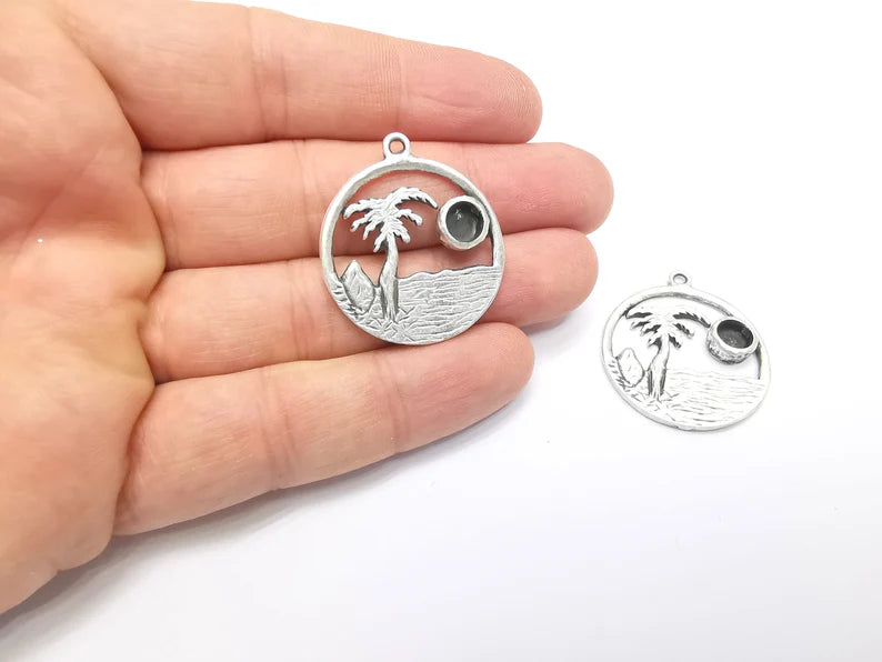 Palm Tree Tropical island Beach Pendant Blank Resin Bezel Mounting Cabochon Base Setting Antique Silver Plated Charms (6mm Blank) G26742