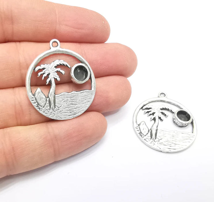 Palm Tree Tropical island Beach Pendant Blank Resin Bezel Mounting Cabochon Base Setting Antique Silver Plated Charms (6mm Blank) G26742