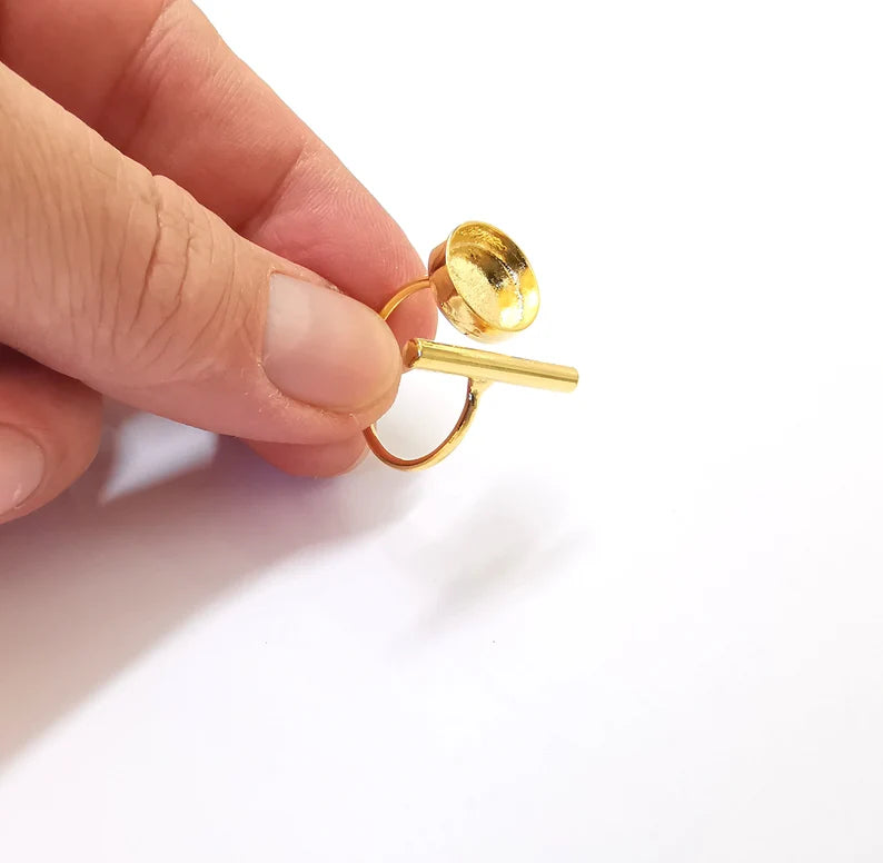 Shiny Gold Rod Bar Ring Bezels Settings Resin Backs Cabochon Mounting Gold Plated Brass Adjustable Ring Base (12mm blank) G27027