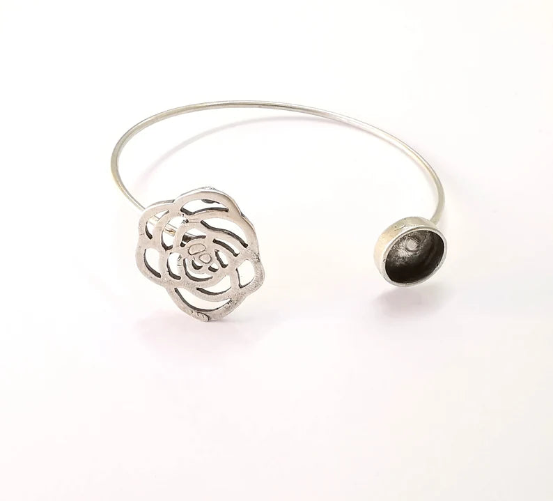 Silver Rose Bracelet Blank Cuff Bezel Cabochon Base Resin Mountings Adjustable Antique Silver Plated Brass ( 10mm Blanks ) G27031