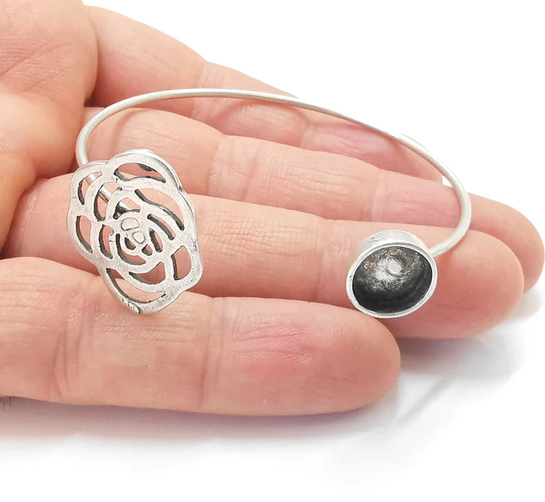Silver Rose Bracelet Blank Cuff Bezel Cabochon Base Resin Mountings Adjustable Antique Silver Plated Brass ( 10mm Blanks ) G27031