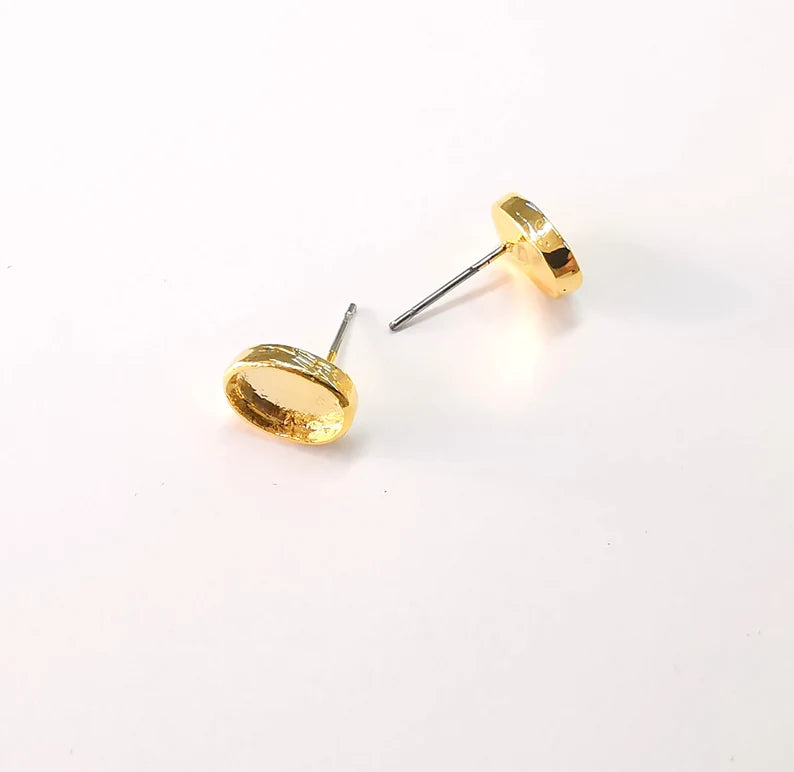 Oval Earring Stud Base Shiny Gold Plated Brass Earring 1 Pair (9x6mm blank) G27033