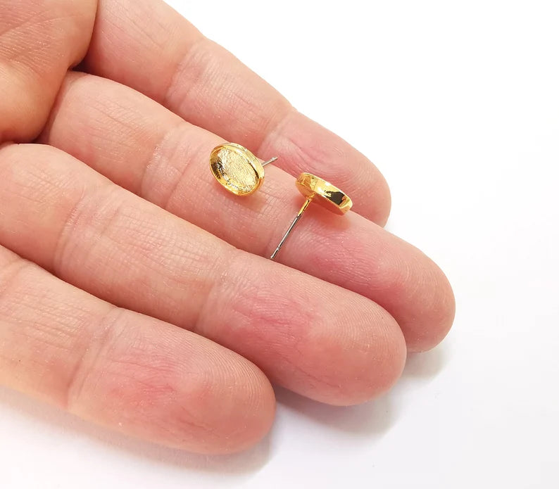 Oval Earring Stud Base Shiny Gold Plated Brass Earring 1 Pair (9x6mm blank) G27033