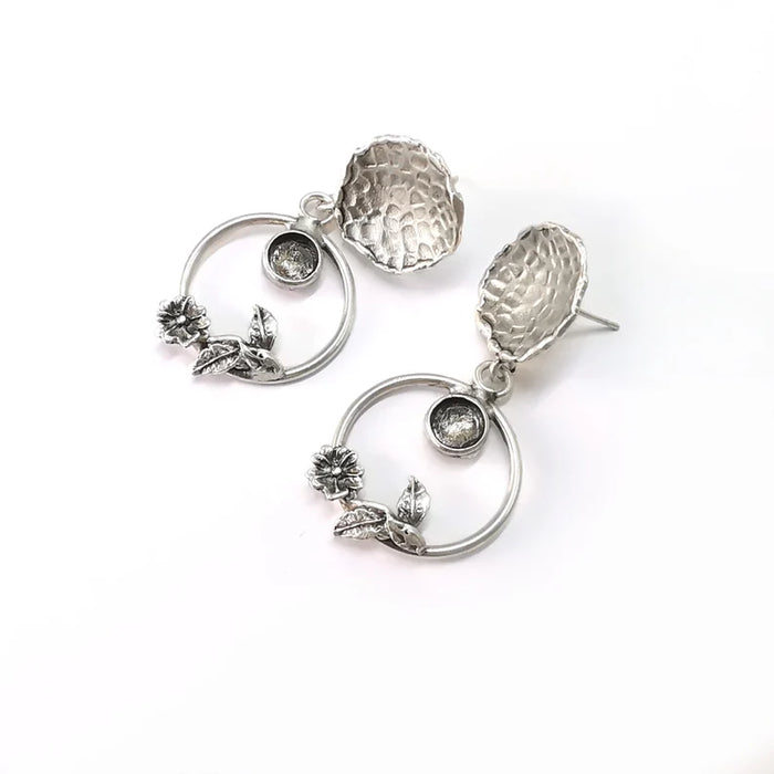 Hammered Disc Dangle Flower Earring Set Base Wire Antique Silver Plated Brass Earring Base (6mm blanks) G27036