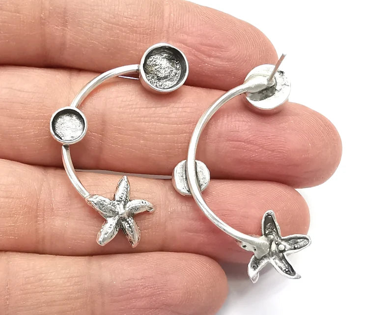 Starfish Earring Set Base Wire Antique Silver Plated Brass Earring Base (8 and 6mm blanks) G27040