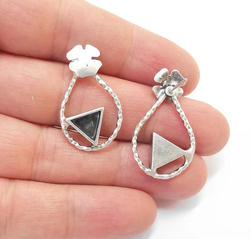 Four Leaf Clover Triangle Blank Silver Earring Set Base Wire Antique Silver Plated Brass Earring Base (8mm blank) G27043