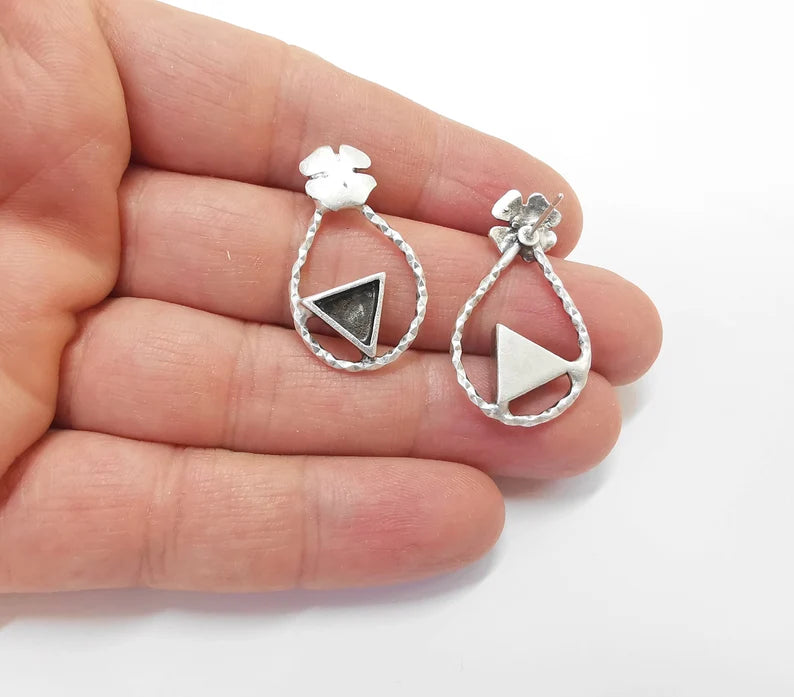 Four Leaf Clover Triangle Blank Silver Earring Set Base Wire Antique Silver Plated Brass Earring Base (8mm blank) G27043
