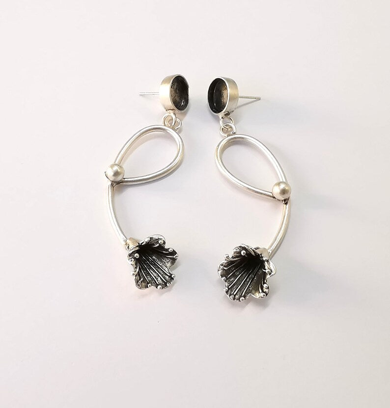 Dangle Leaf Flower Silver Earring Set Base Wire Antique Silver Plated Brass Earring Base (10mm blank) G27044