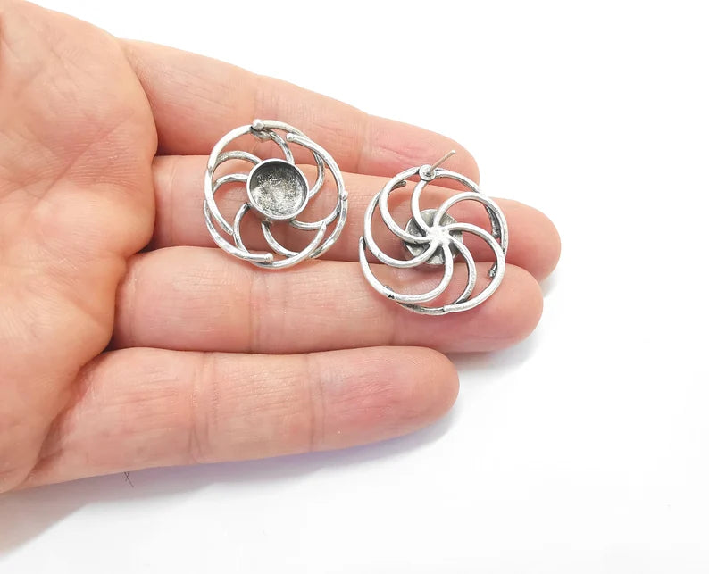 Spiral Round Silver Earring Set Base Wire Antique Silver Plated Brass Earring Base ( 10mm blanks ) G27048