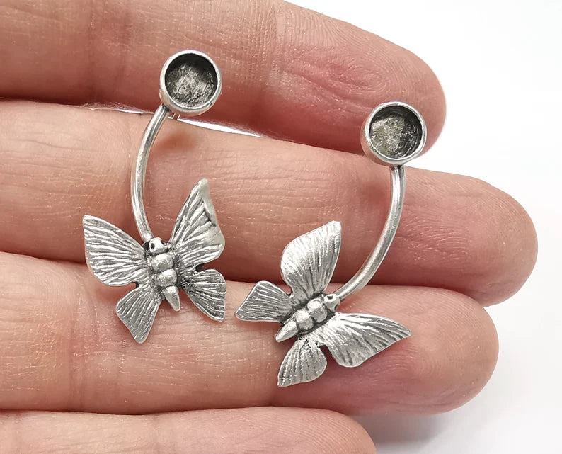 Butterfly Silver Earring Set Base Wire Antique Silver Plated Brass Earring Base (6mm) G27056