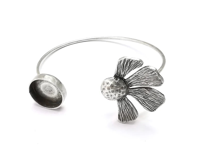 Silver Flower Bracelet Blank Cuff Bezel Cabochon Base Resin Mountings Adjustable Antique Silver Plated Brass (14mm Blank ) G27057