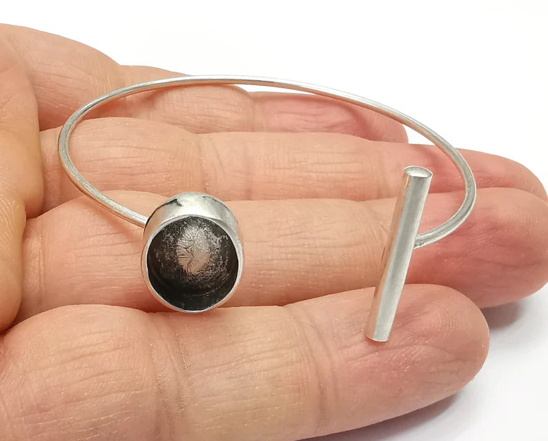 Rod Bracelet Blank Resin Cuff Dry Bezel Cabochon Base Adjustable Antique Silver Plated Brass (14x10mm Blank) G27059