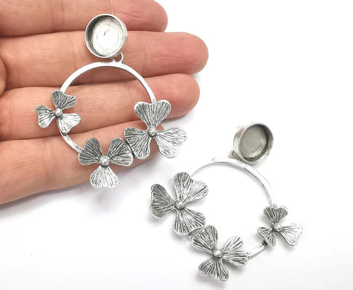 Flower Dangle Round Silver Earring Set Base Wire Antique Silver Plated Brass Earring Base (14mm blank) G27062
