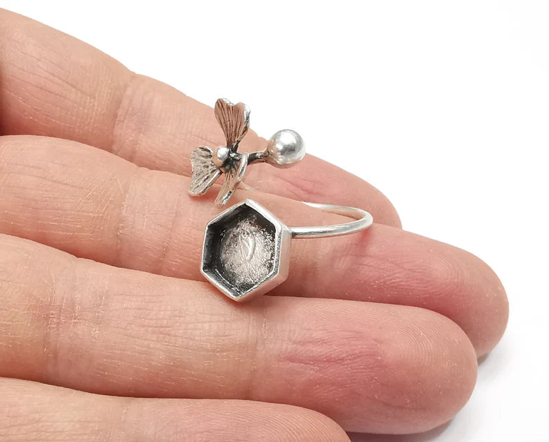 Flower Ball Head Silver Ring Setting Blank Cabochon Mounting Adjustable Ring Base Bezel Antique Silver Plated Brass (10 Blank) G27064